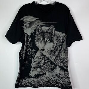 Vintage Art Unlimited Wolf AOP Black Tshirt Size XL